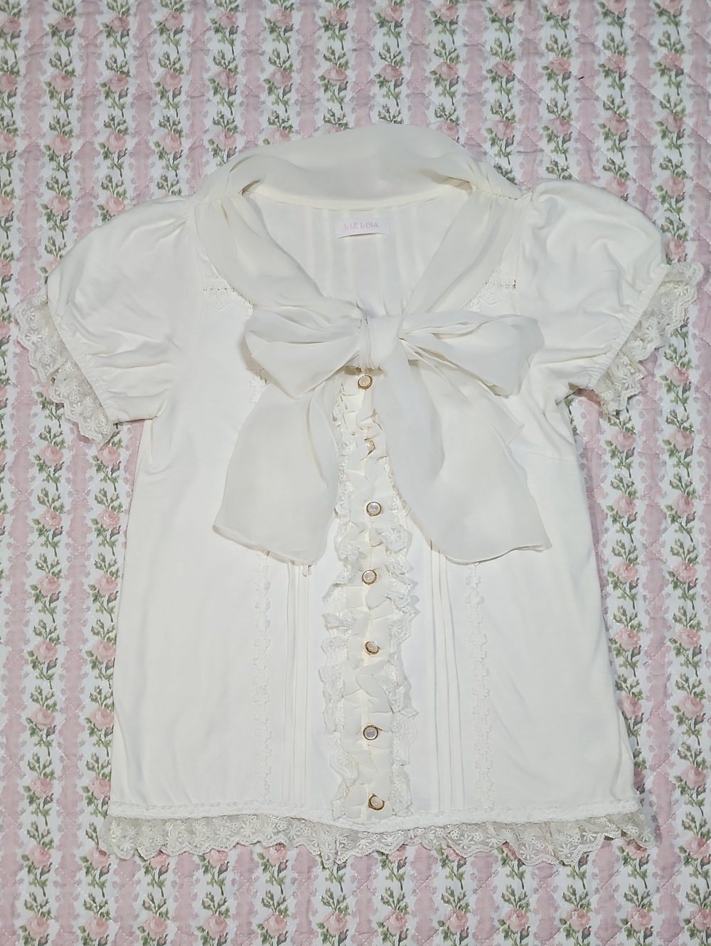 LIZ LISA 🎀 Ivoy White Cream Bow Front Lace Trim Blouse